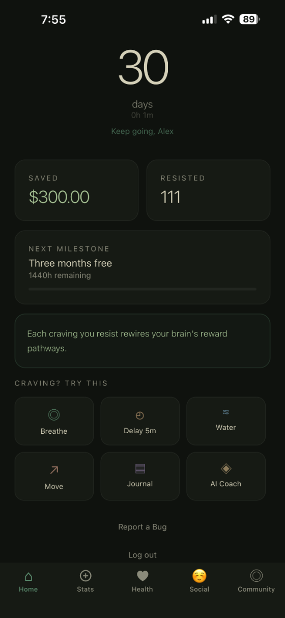 The ClariLung home screen: a 30-day streak, money saved, cravings resisted, the next health milestone, and one-tap craving tools — breathe, delay, water, move, journal, AI Coach.