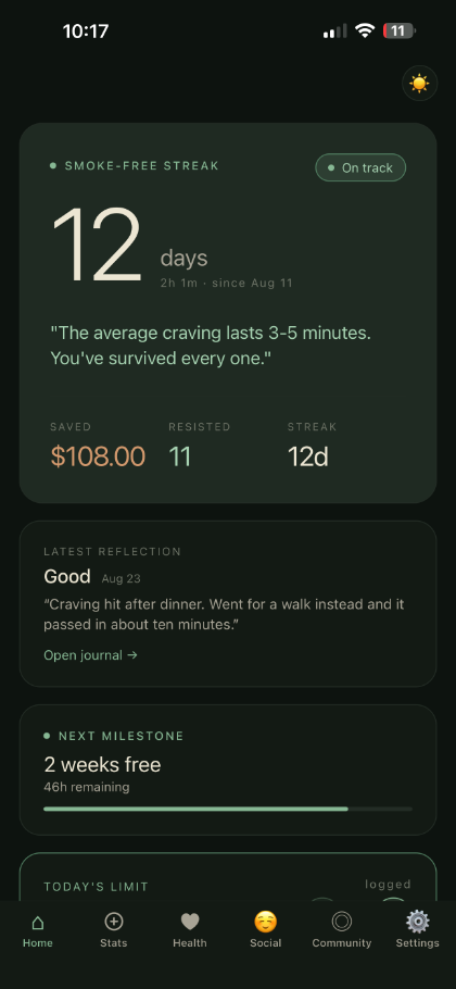 The ClariLung home screen for a smoker: a 12-day smoke-free streak, money saved and cravings resisted.